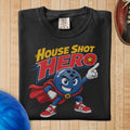 A black crewneck t-shirt featuring a cartoon graphic of a blue bowling ball superhero and the text House Shot Hero.